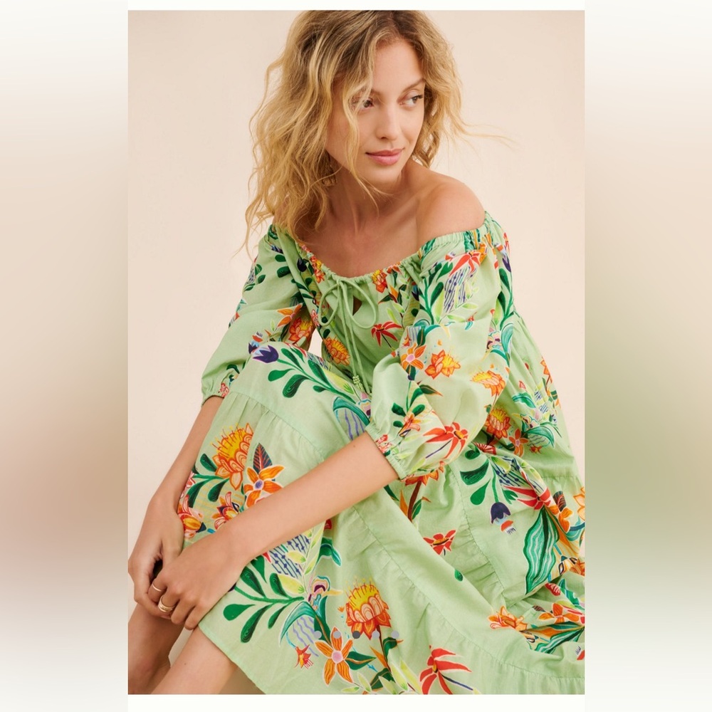 FARM Rio off the shoulder long sleeved tiered midi floral dress